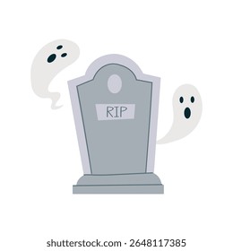 Spooky Halloween vector illustration with a tombstone and two friendly ghosts. Perfect for holiday decorations, greeting cards, party invitations.