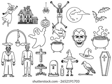 Ilustrações de vetor de Halloween assustador com personagens de desenhos animados clássicos e objetos. Perfeito para design de férias, decorações de festa e gráficos truques ou tratar.