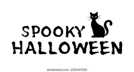 Texto de letras de Vector de Halloween espeluznante con una silueta de gato negro. Gráfico monocromo Anuncio espeluznante. Para la invitación del partido de Halloween, cartel, decoración, manualidades de bricolaje.