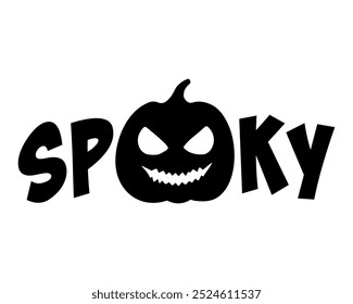 Texto de letras de Vector de Halloween espeluznante con una ilustración de silueta de calabaza de risa siniestra. Gráfico Anuncio monocromo. Para invitación de fiesta de Halloween, cartel, decoración, pegatina, manualidades de bricolaje.