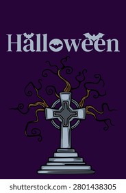 Spooky Halloween vector poster featuring a Celtic cross gravestone and a gnarled tree