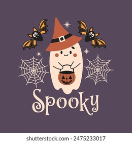 Spooky Halloween vector quote. Cute ghost vector illustration. Halloween haunted, boo spooky. Happy Holiday quote, funny design.