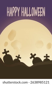 Spooky Halloween vector scene with full moon, graveyard, bats and eerie “Happy Halloween” text. Dark festive postcard in flat cartoon style, perfect for seasonal design themes.