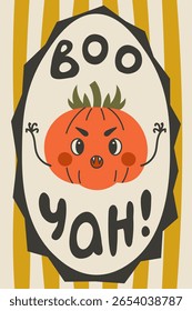 Spooky Halloween Vintage Poster with Text. Handwritten lettering and adorable Jack o Lantern Pumpkin. Funny Childish Greeting Card in Retro Style. Vector illustration