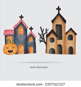 Spooky Halloween Watercolor House Illustration