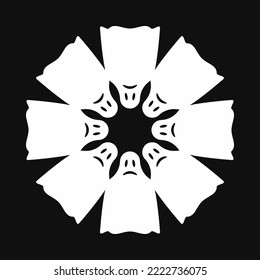 Spooky Halloween White Ghost Huddle Icon. A Group Of 8 Ghosts Huddled Together In A Radial Formation. Isolated On A Black Background.