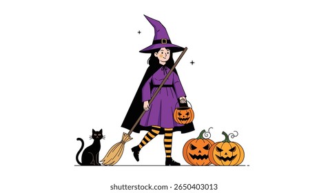 Spooky halloween witch with black cat and jack o lantern pumpkins gathering candy