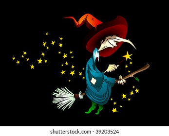 Spooky Halloween Witch holding a Magic Wand, Flying on a Broom - Detailed Vector Illustration