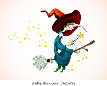 Spooky Halloween Witch holding a Magic Wand, Flying on a Broom - Detailed Vector Illustration