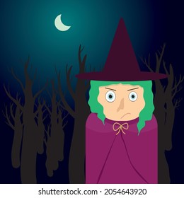 Spooky Halloween witch image, with scary and creepy dry trees in the background. The background contains the silhouette of a dead forest and moon light. 