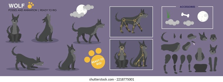 Spooky Halloween Wolf Character Vector Ready To Rig For Animation. Wolf Howling At The Moon With A Range Of Poses And Assets To Create Your Own. Rig Ready Wolf. 