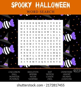 Spooky Halloween word search puzzle. October crossword game.  Worksheet for learning English words. Autumn theme. Find 16 hidden words. Suitable for social media post. 