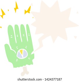 spooky halloween zombie hand with speech bubble in retro style