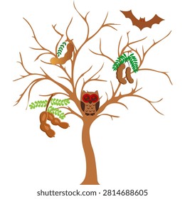A spooky Halloween-inspired tamarind tree featuring ripe tamarind pods, a cute owl, and a flying bat. Flat vector illustration isolated on a white background. Perfect for Halloween decorations, greeting cards, stickers, posters, educational materials, and seasonal design projects.