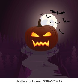 Spooky Halloweens pumpkin on hill vector illustration
