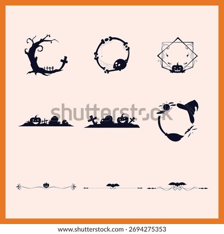 A spooky Halloween-themed collection featuring pumpkins, skulls, bats, and witch hats in minimalist black and white outlines. Perfect for party invitations, seasonal decor, posters, and frame designs.