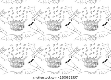 Spooky Halloween-themed coloring page featuring bats, flames, and flying elements. Perfect for creative holiday fun and decoration.