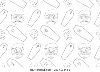 A spooky Halloween-themed coloring page featuring mummy faces, coffins, and skulls. Perfect for creepy fun activities and decorations.