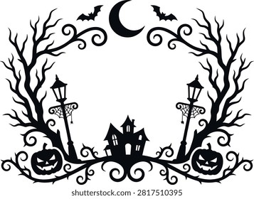 A spooky Halloween-themed decorative frame featuring a crescent moon, flying bats, bare twisted trees, vintage street lamps, and carved jack-o'-lantern pumpkins, isolated on a white background for seasonal designs.