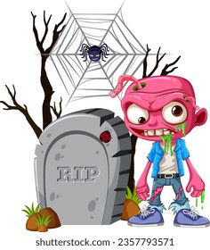 A spooky Halloween-themed illustration featuring a zombie cartoon character and a tombstone