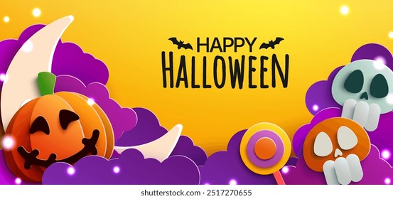 A spooky Halloween-themed papercut illustration. Featuring a crescent moon, clouds, a grinning pumpkin, and a skull lollipop, this design. Vector Illustration.