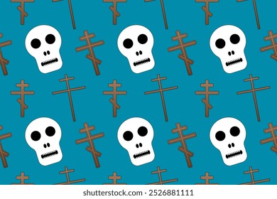 A spooky Halloween-themed seamless pattern with skulls and crosses. Perfect for Halloween decor, crafts, and festive designs.