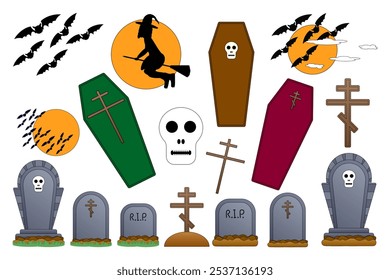 A spooky Halloween-themed set featuring coffins, graves, crosses, bats, a witch silhouette, and skulls. Perfect for Halloween designs and decorations.