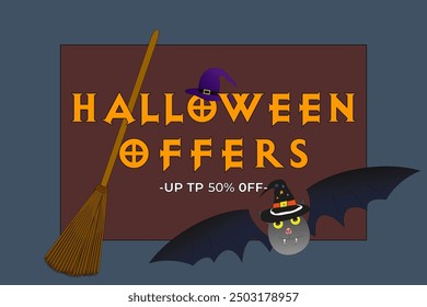 Spooky Halloween-themed vector illustration featuring a witches hat, broom, and bat promoting a special Halloween sale.