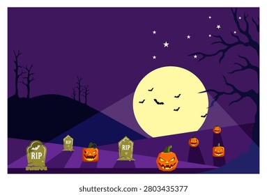 
A spooky Halloween-themed vector illustration of a graveyard scene. It features eerie jack-o'-lanterns scattered across a hill, ancient tombstones marked 