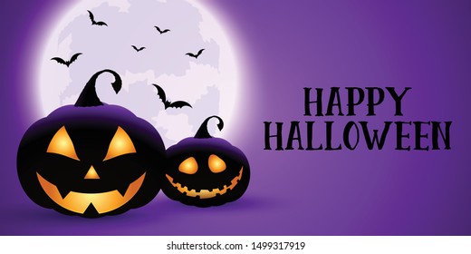 Spooky Hallowen banner with pumpkins, moon and bats