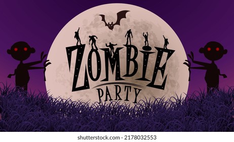 Spooky Hallowen banner with pumpkins, moon and bats. Zombie Party