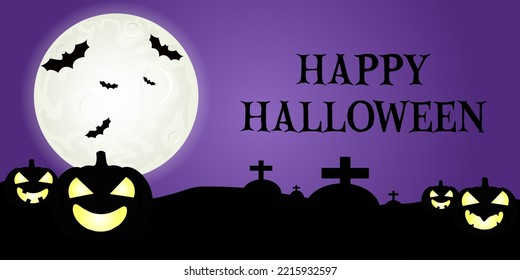 Spooky Hallowen Banner mit Kürbis, Mond, Fledermähen und Grab