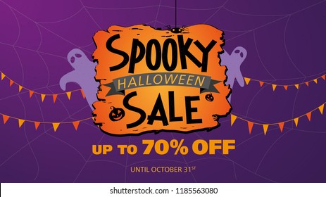 Spooky haloween sale up to 70% off until october 31st - purple vector template with ghost and spider web