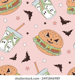 Espeluznante hamburguesa Fantasma bebida Vector sin patrón. Fondo de comida de Halloween.