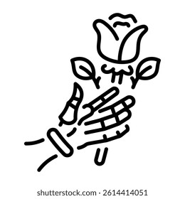 A spooky hand holding a rose, line icon 