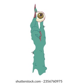 Spooky Hand of monster isolated. Witch's fingers with Creepy claws holding green eye. Vector flat illustration for decoration Halloween party, holiday, card