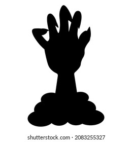Spooky hand with nails. Silhouette. A stump of a dead man's paw is pulled out of the ground. Gnarled fingers with sharp claws. The ominous zombie palm made its way to the surface. Vector illustration.