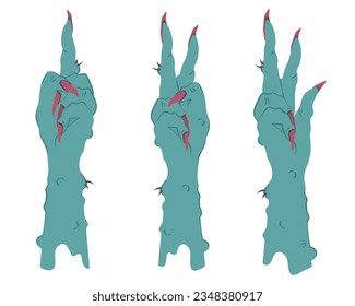 Spooky Hands of monster, witch. Zombie's hands counting by showing fingers. Set of creepy cartoon fingers isolated. Counting on fingers. Vector illustration for decoration Halloween party, holiday