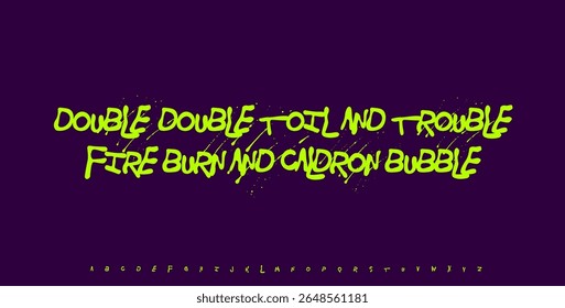 Spooky Handwritten Halloween Lettering with Dripping Neon Green Letters on Dark Purple Background. Horror Style Decorative Typeface. Vector Illustration