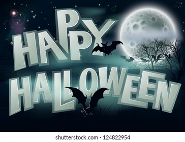 A spooky Happy Halloween background illustration of night scene with full moon bats and scary trees