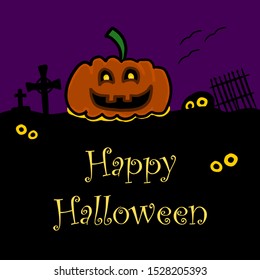 Spooky happy Halloween card template. Cartoon doodle vector illustration. Pumpkin lighting, silhouette of cemetery and ghost eyes in the dark night.