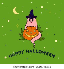 Spooky Happy Halloween Creepy Cute Vector Cartoon Ghost With Pumpkin Placement Design, Suitable For Placement Print And Designed For Halloween Concept Illustration 