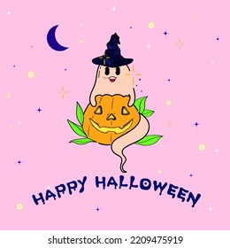 Spooky Happy Halloween Creepy Cute Vector Cartoon Ghost With Pumpkin Placement Design, Suitable For Placement Print And Designed For Halloween Concept Illustration 