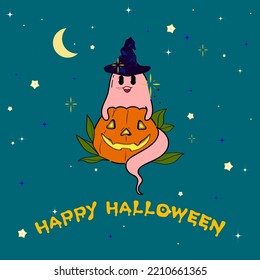 Spooky Happy Halloween Creepy Cute Vector Cartoon Ghost With Pumpkin Placement design, suitable for Placement Print and designed for Halloween Concept Illustration 