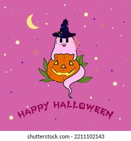 Spooky Happy Halloween Creepy Cute Vector Cartoon Ghost With Pumpkin Placement Design, Suitable For Placement Print And Designed For Halloween Concept Illustration 