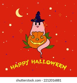 Spooky Happy Halloween Creepy Cute Vector Cartoon Ghost With Pumpkin Placement design, suitable for Placement Print and designed for Halloween Concept Illustration 