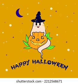 Spooky Happy Halloween Creepy Cute Vector Cartoon Ghost With Pumpkin Placement Design, Suitable For Placement Print And Designed For Halloween Concept Illustration 