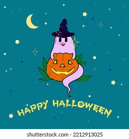 Spooky Happy Halloween Creepy Cute Vector Cartoon Ghost With Pumpkin Placement Design, Suitable For Placement Print And Designed For Halloween Concept Illustration 