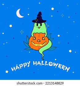 Spooky Happy Halloween Creepy Cute Vector Cartoon Ghost With Pumpkin Placement Design, Suitable For Placement Print And Designed For Halloween Concept Illustration 