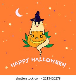 Spooky Happy Halloween Creepy Cute Vector Cartoon Ghost With Pumpkin Placement Design, Suitable For Placement Print And Designed For Halloween Concept Illustration 